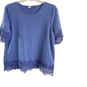 Chico's 3 Short Sleeve Top Blue Size 16 / XL Lace Trim Pullover